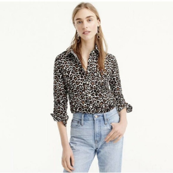 𝅺j. Crew Perfect Linen Leopard Slim Button Up Top Size Large EUC - Picture 1 of 7